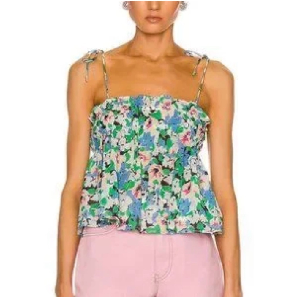 Ganni Organic Cotton Azure Floral Tie Strap Top XS